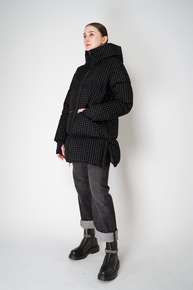 Herno High Neck 2-Layer Waterproof Hooded Coat in Black Technical Houndstooth Vancouver. Shop Online or in Store.