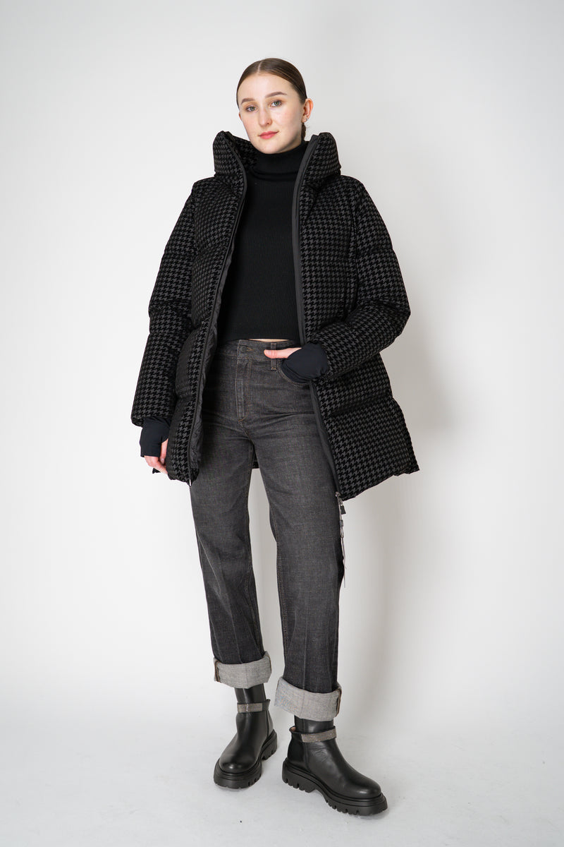 Herno High Neck 2-Layer Waterproof Hooded Coat in Black Technical Houndstooth Vancouver. Shop Online or in Store.