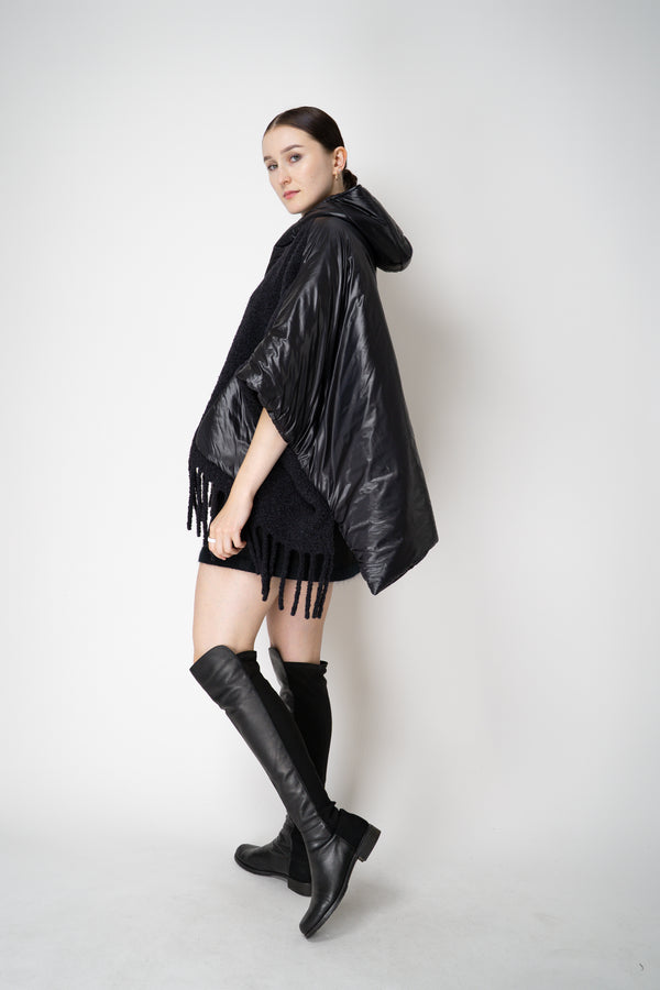 Herno High Neck Hooded Fringe Cape with Insulated Back in Black Vancouver. Shop Online or in Store.