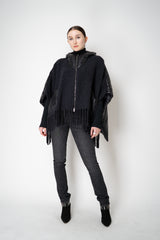 Herno High Neck Hooded Fringe Cape with Insulated Back in Black Vancouver. Shop Online or in Store.