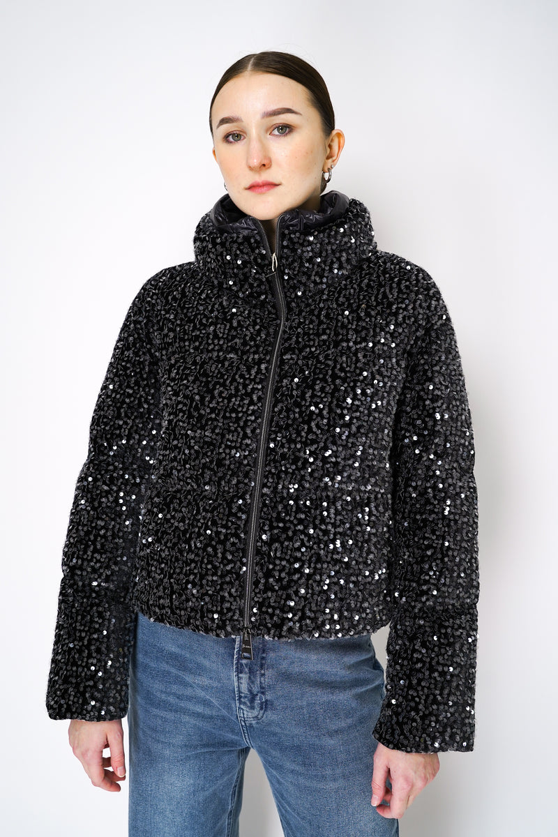 Herno High Neck Padded Sequined Jacket in Black Vancouver. Shop Online or in Store.