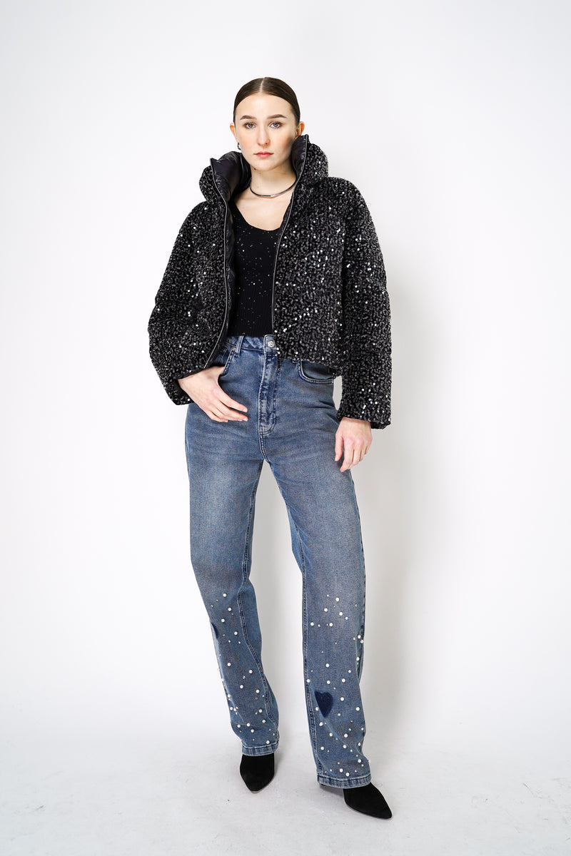 Herno High Neck Padded Sequined Jacket in Black Vancouver. Shop Online or in Store.