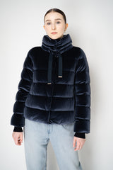 Herno High Neck Padded Velvet Jacket in Navy Vancouver. Shop Online or in Store.