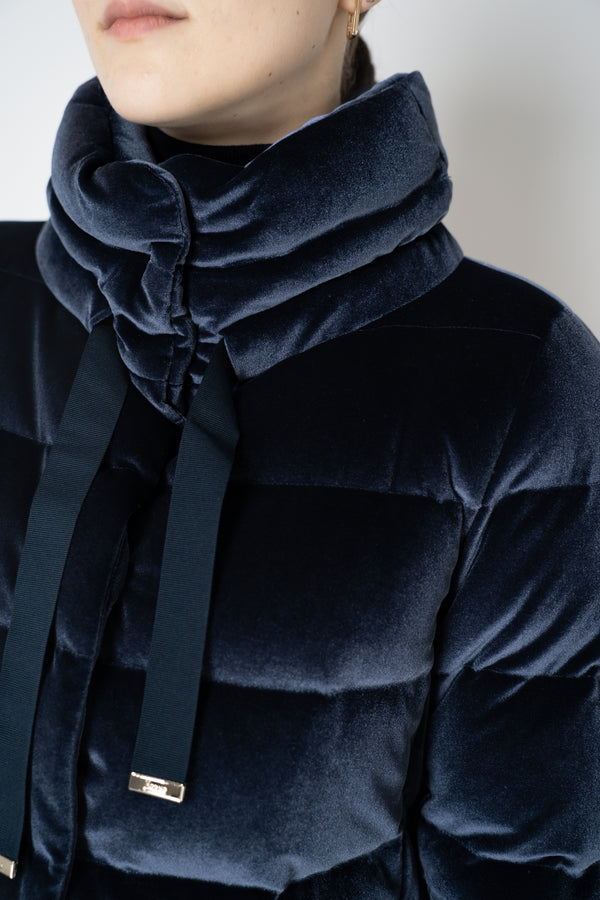 Herno High Neck Padded Velvet Jacket in Navy Vancouver. Shop Online or in Store.