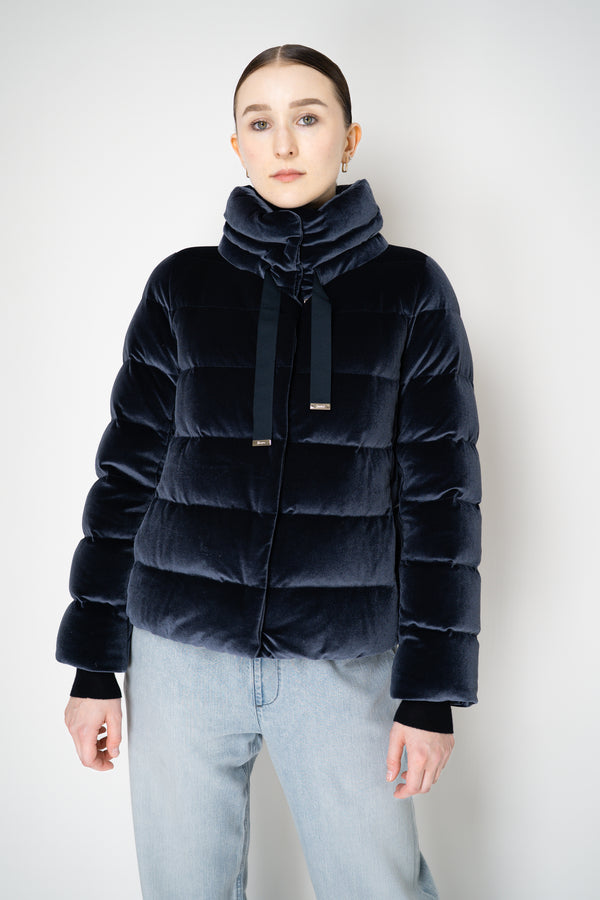Herno High Neck Padded Velvet Jacket in Navy Vancouver. Shop Online or in Store.
