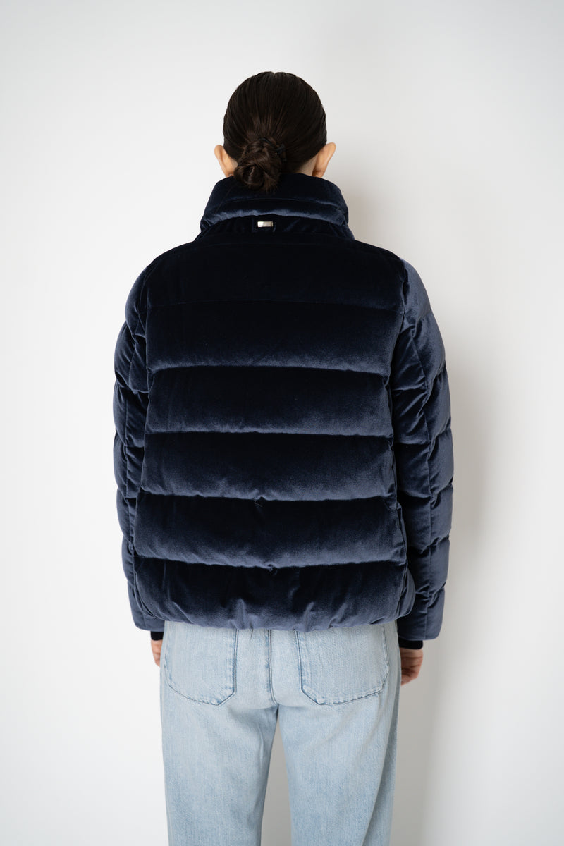 Herno High Neck Padded Velvet Jacket in Navy Vancouver. Shop Online or in Store.