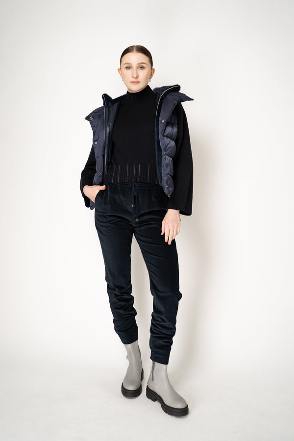 Herno High Neck Padded Vest with Removable Fur Hood in Navy Vancouver. Shop Online or in Store.