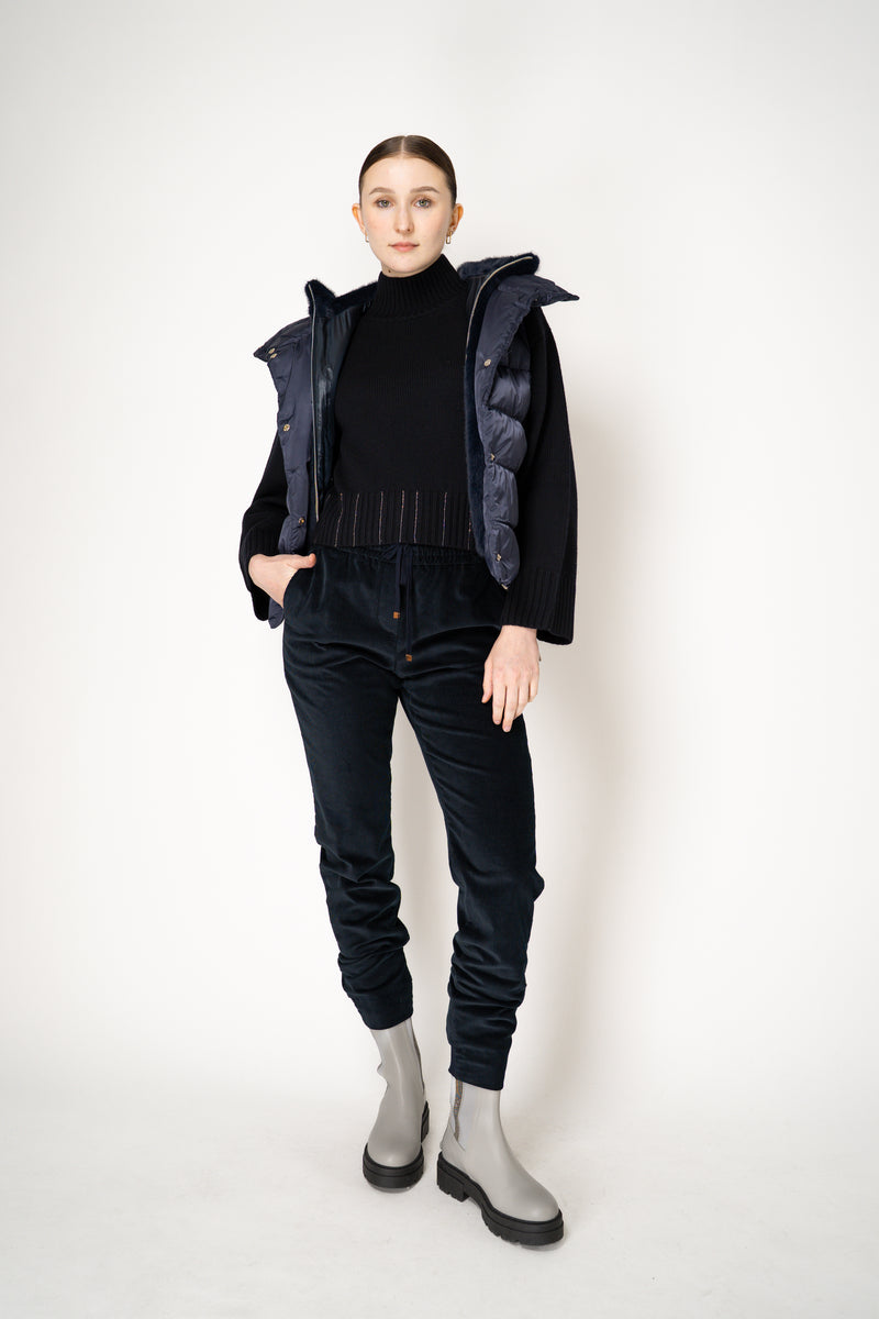 Herno High Neck Padded Vest with Removable Fur Hood in Navy Vancouver. Shop Online or in Store.