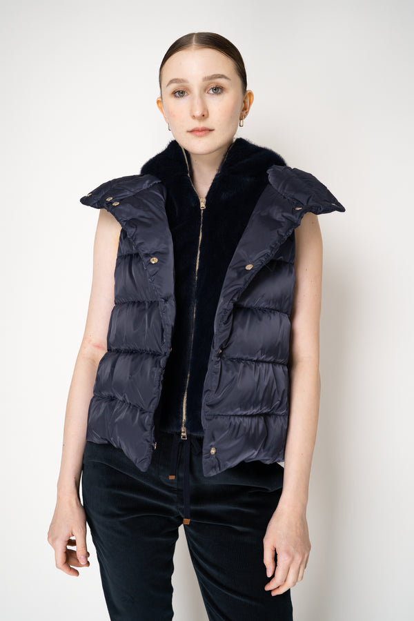 Herno High Neck Padded Vest with Removable Fur Hood in Navy Vancouver. Shop Online or in Store.
