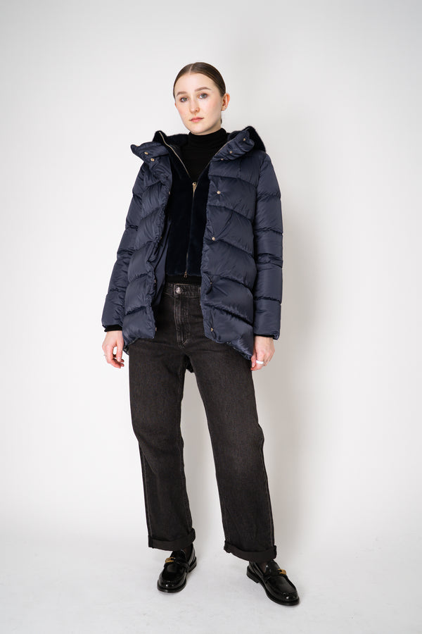 Herno Quilted Sateen Coat with Detachable Faux-Fur Neck and Chest Piece in Navy Vancouver. Shop Online or in Store.