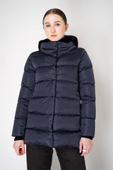 Herno Quilted Sateen Coat with Detachable Faux-Fur Neck and Chest Piece in Navy Vancouver. Shop Online or in Store.