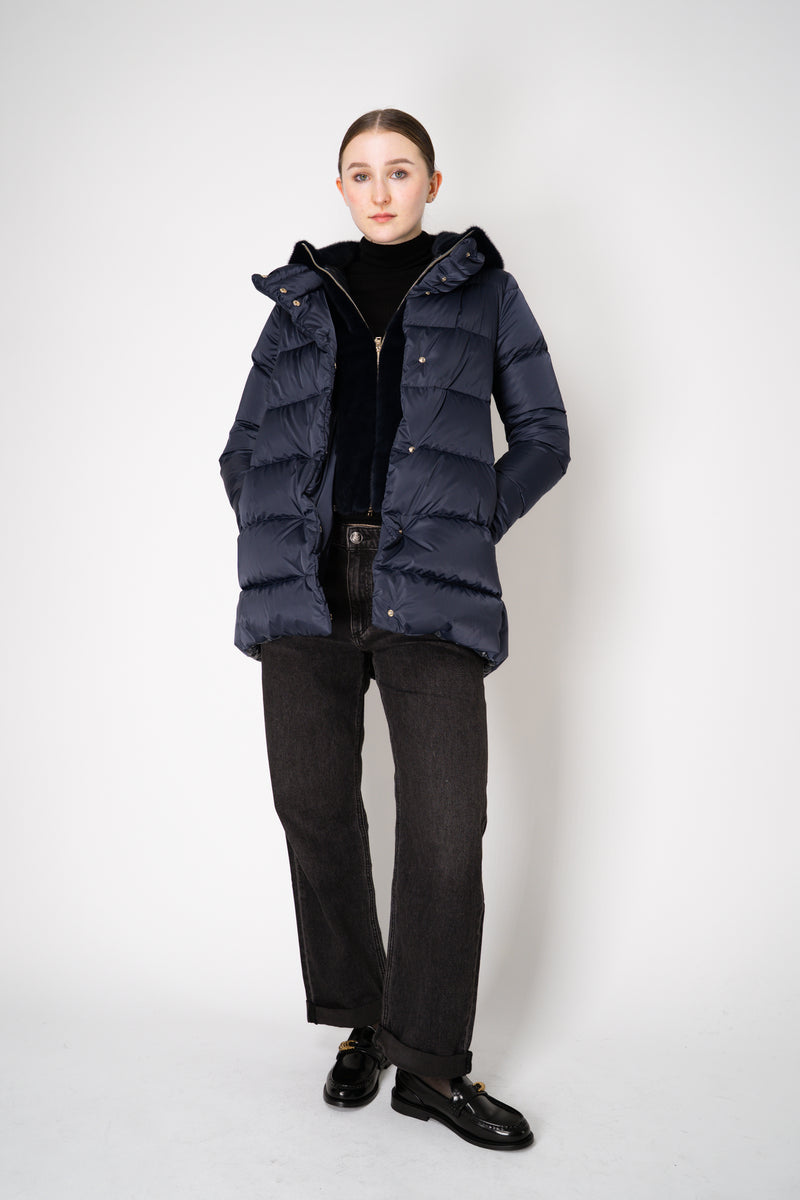 Herno Quilted Sateen Coat with Detachable Faux-Fur Neck and Chest Piece in Navy Vancouver. Shop Online or in Store.