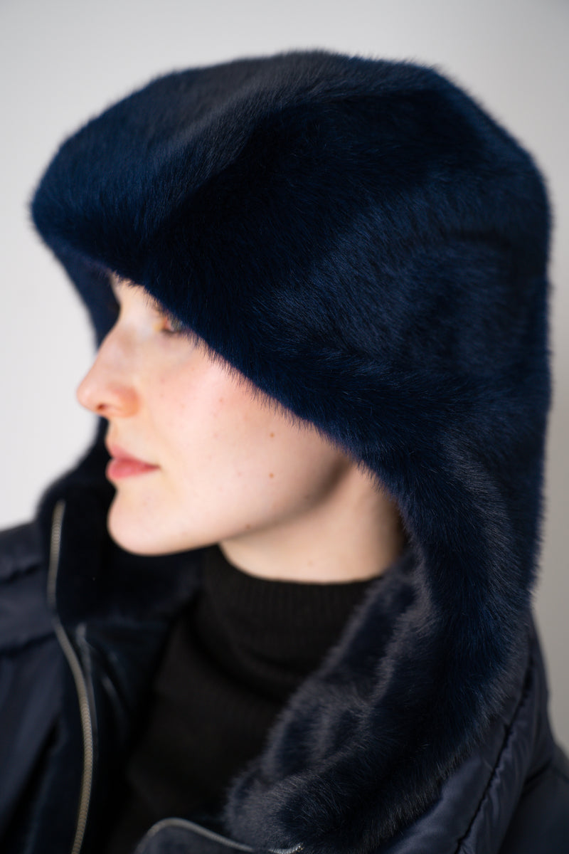 Herno Quilted Sateen Coat with Detachable Faux-Fur Neck and Chest Piece in Navy Vancouver. Shop Online or in Store.