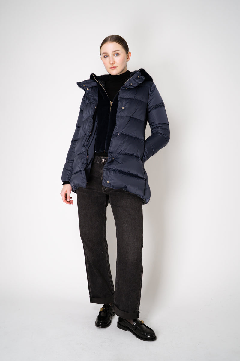 Herno Quilted Sateen Coat with Detachable Faux-Fur Neck and Chest Piece in Navy Vancouver. Shop Online or in Store.