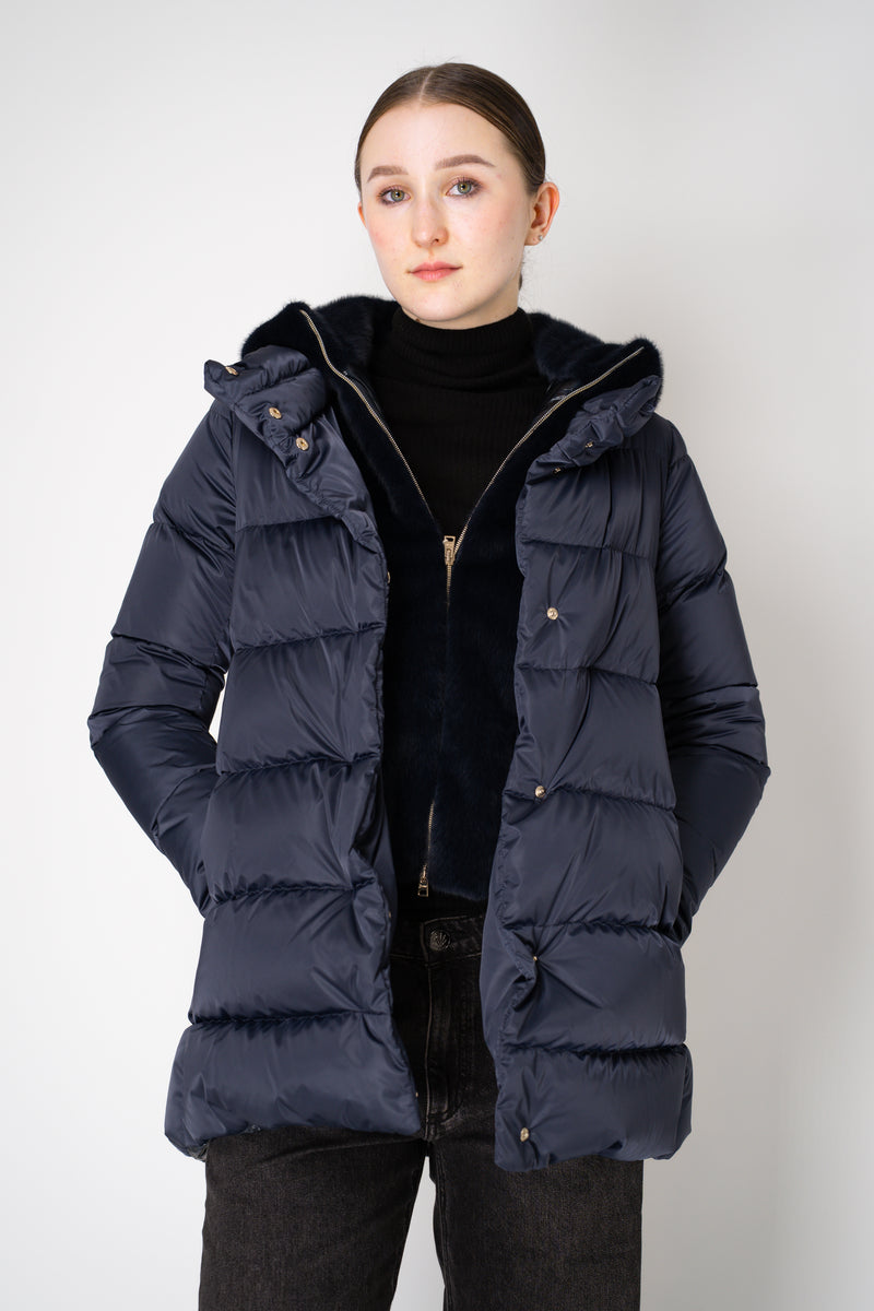 Herno Quilted Sateen Coat with Detachable Faux-Fur Neck and Chest Piece in Navy Vancouver. Shop Online or in Store.