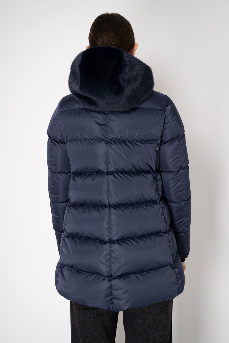 Herno Quilted Sateen Coat with Detachable Faux-Fur Neck and Chest Piece in Navy Vancouver. Shop Online or in Store.