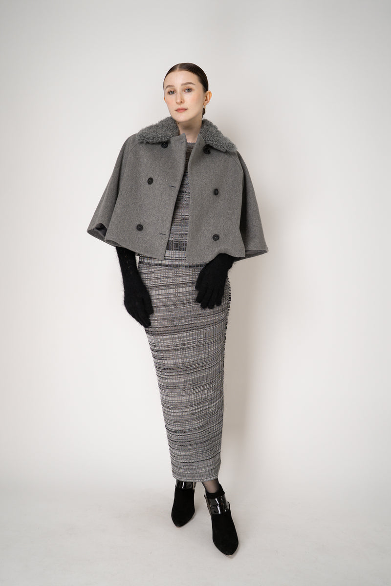 Fabiana Filippi Virgin Wool Cropped Bell Shaped Coat with Detachable Shearling NeckLine in Grey Vancouver. Shop Online or in Store.