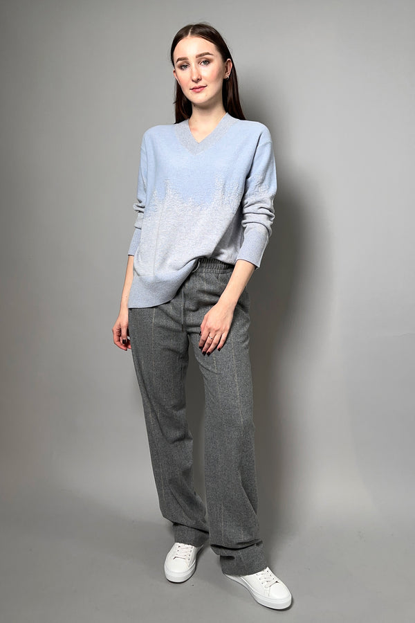 Tonet Jacquard Detail V-Neck Sweater in Blue and Grey - Ashia Mode - Vancouver, BC