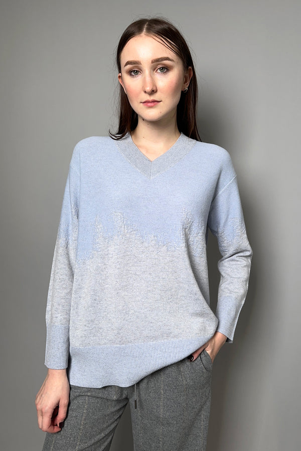 Tonet Jacquard Detail V-Neck Sweater in Blue and Grey - Ashia Mode - Vancouver, BC