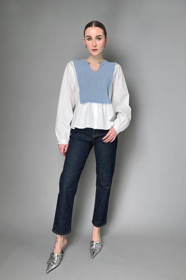 Lorena Antoniazzi Layered Effect Cotton Blouse With Sequin Knit Front in  White and Blue