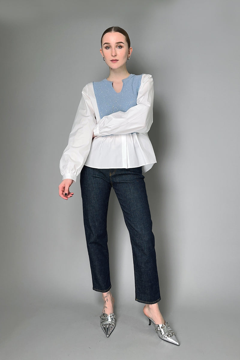Lorena Antoniazzi Layered Effect Cotton Blouse With Sequin Knit Front in  White and Blue