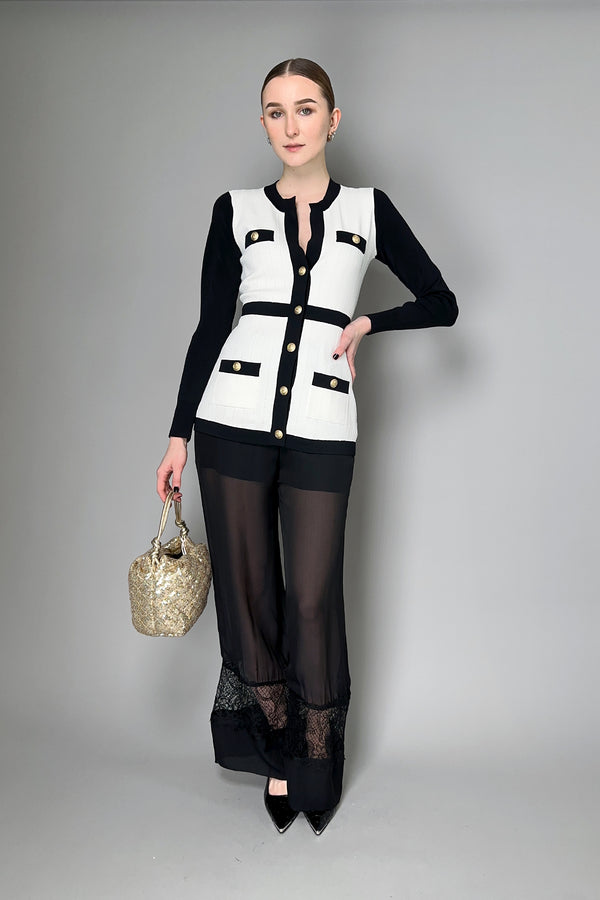 L'Agence Clover Contrast Trim Cardigan in Black and White