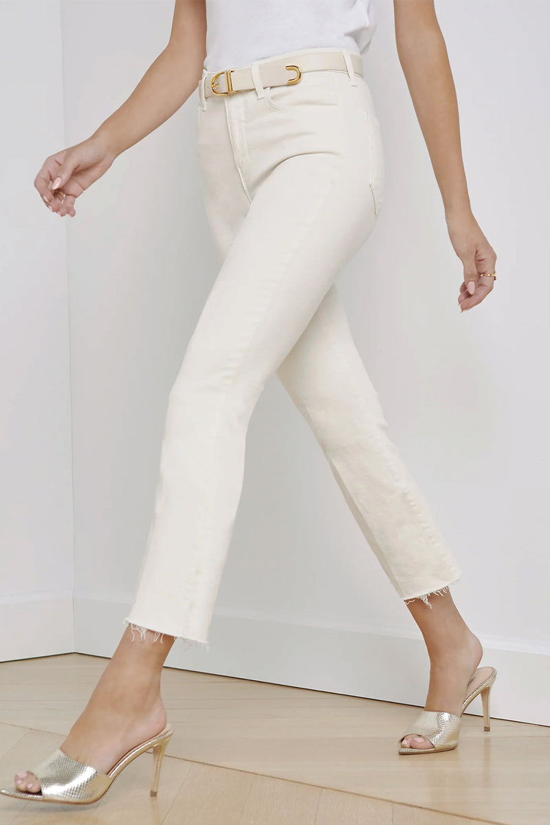 L'Agence "Vintage White" Kendra High Rise Cropped Flared Jeans