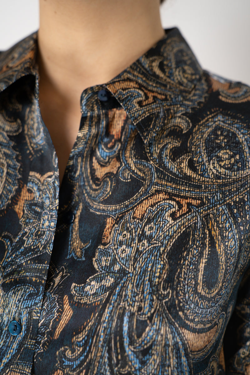L'Agence Dani 3/4 Sleeve Silk Blouse in Navy Ornamental Print Vancouver. Shop Online or in Store.