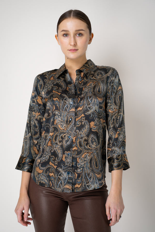 L'Agence Dani 3/4 Sleeve Silk Blouse in Navy Ornamental Print Vancouver. Shop Online or in Store.
