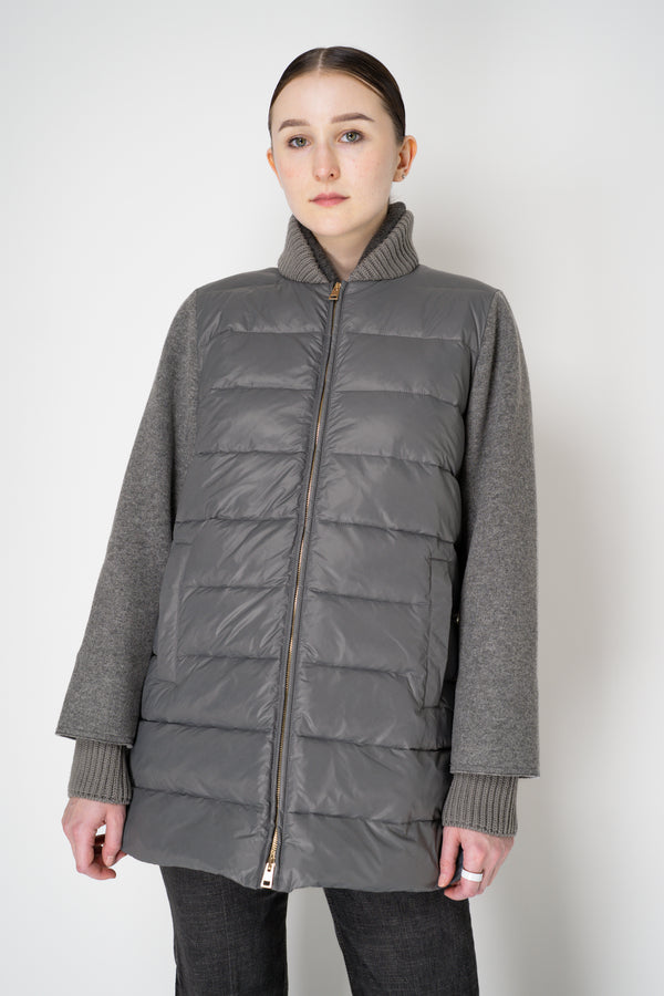 Lorena Antoniazzi A-line Padded Quilted Jacket with Wool Sleeves in Grey Vancouver. Shop Online or in Store.