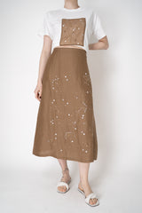 Lorena Antoniazzi A-line Ramie Maxi Skirt with Floral Beading Embroidery in Terracotta Brown Vancouver. Shop Online or in Store.