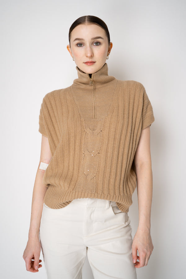 Lorena Antoniazzi Cashmere Blend Half-Zip Knit Vest in Camel Vancouver. Shop Online or in Store.