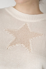 Lorena Antoniazzi Cotton Silk Knit Crew Neck Pullover with Star Appliqué in Off-White Vancouver. Shop Online or in Store.