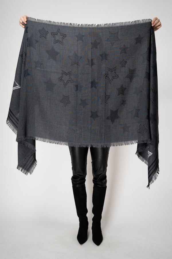 Lorena Antoniazzi Cotton Wool Fringed Scarf with Star Lurex Embroidery in Dark Grey Vancouver. Shop Online or in Store.