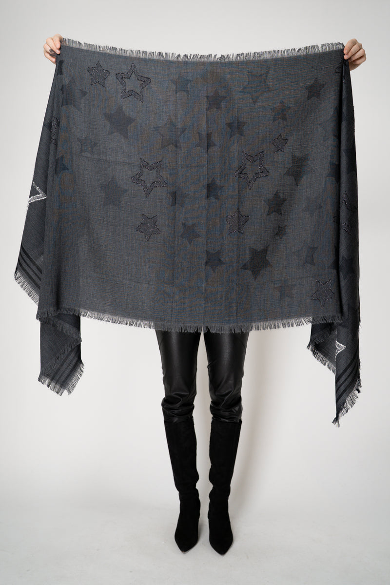 Lorena Antoniazzi Cotton Wool Fringed Scarf with Star Lurex Embroidery in Dark Grey Vancouver. Shop Online or in Store.