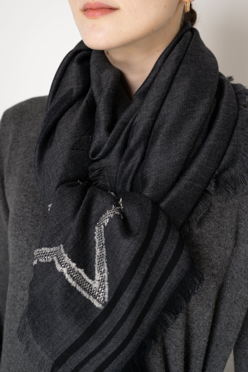 Lorena Antoniazzi Cotton Wool Fringed Scarf with Star Lurex Embroidery in Dark Grey Vancouver. Shop Online or in Store.