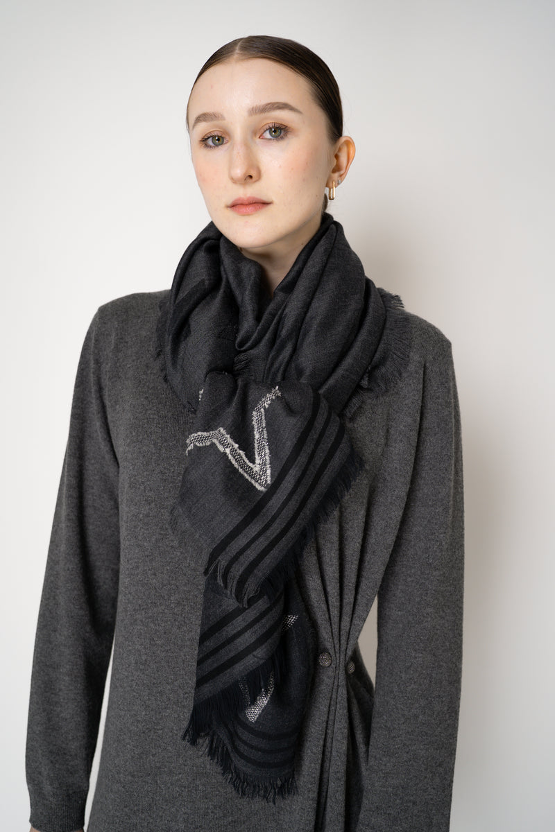 Lorena Antoniazzi Cotton Wool Fringed Scarf with Star Lurex Embroidery in Dark Grey Vancouver. Shop Online or in Store.