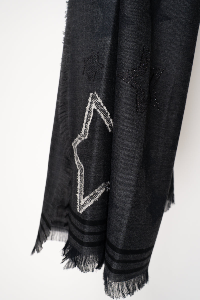 Lorena Antoniazzi Cotton Wool Fringed Scarf with Star Lurex Embroidery in Dark Grey Vancouver. Shop Online or in Store.