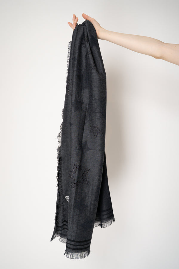Lorena Antoniazzi Cotton Wool Fringed Scarf with Star Lurex Embroidery in Dark Grey Vancouver. Shop Online or in Store.