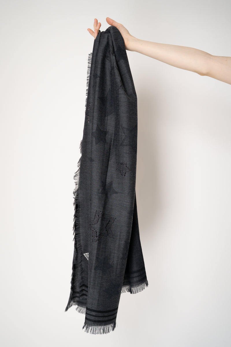 Lorena Antoniazzi Cotton Wool Fringed Scarf with Star Lurex Embroidery in Dark Grey Vancouver. Shop Online or in Store.