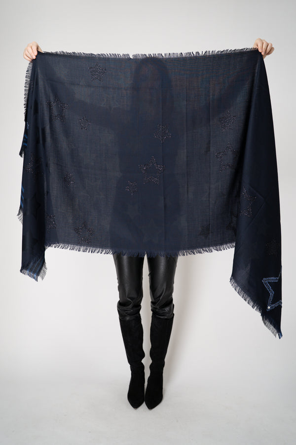 Lorena Antoniazzi Cotton Wool Fringed Scarf with Star Lurex Embroidery in Navy Vancouver. Shop Online or in Store.