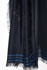 Lorena Antoniazzi Cotton Wool Fringed Scarf with Star Lurex Embroidery in Navy Vancouver. Shop Online or in Store.