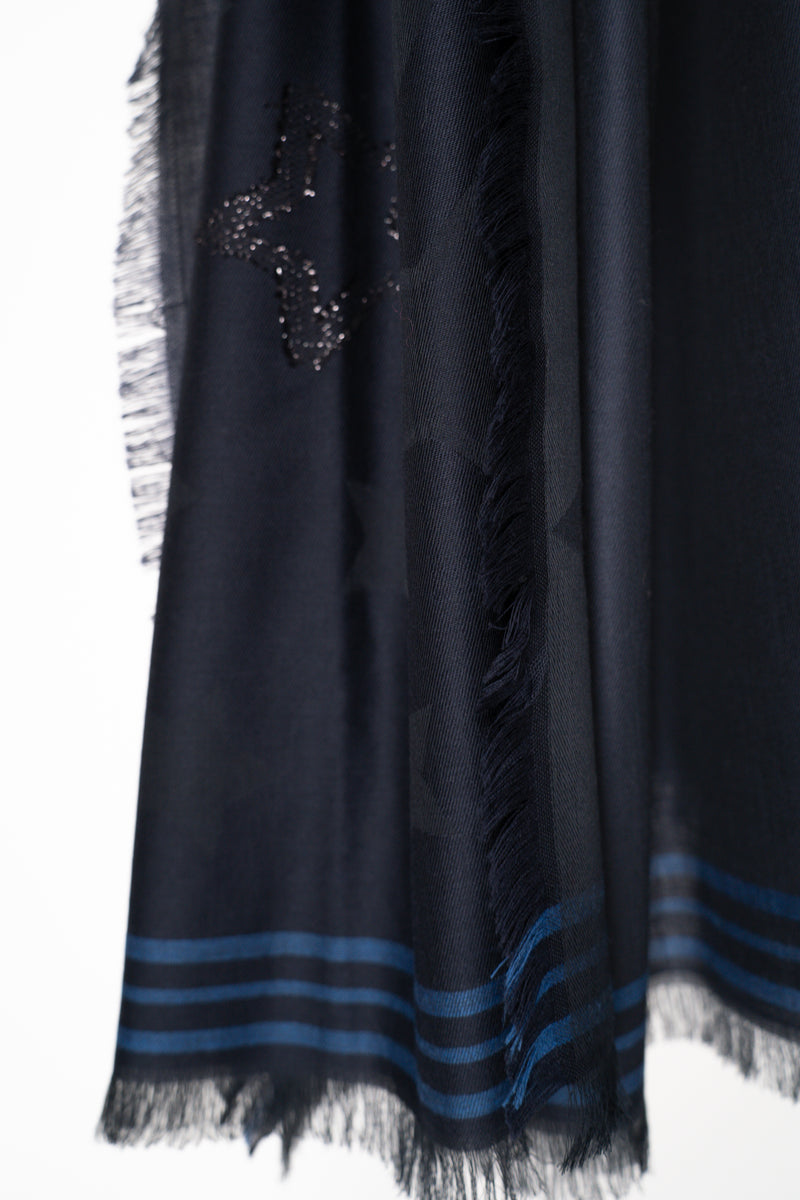 Lorena Antoniazzi Cotton Wool Fringed Scarf with Star Lurex Embroidery in Navy Vancouver. Shop Online or in Store.