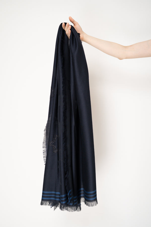 Lorena Antoniazzi Cotton Wool Fringed Scarf with Star Lurex Embroidery in Navy Vancouver. Shop Online or in Store.