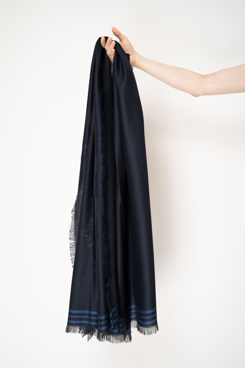 Lorena Antoniazzi Cotton Wool Fringed Scarf with Star Lurex Embroidery in Navy Vancouver. Shop Online or in Store.
