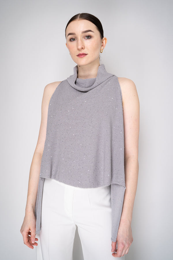 Lorena Antoniazzi Cowl Neck Drapy Knit Top with All Over Sequins in Grey Vancouver. Shop Online or in Store