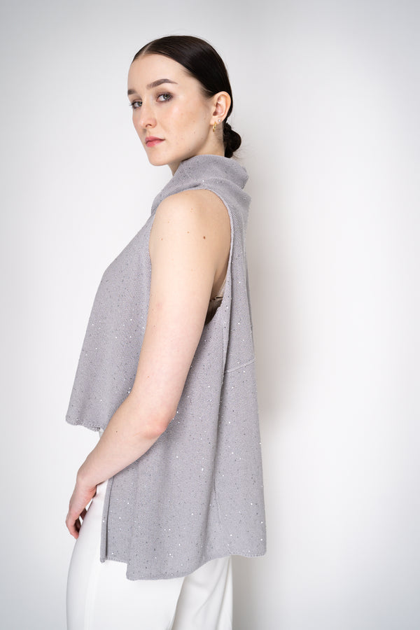 Lorena Antoniazzi Cowl Neck Drapy Knit Top with All Over Sequins in Grey Vancouver. Shop Online or in Store