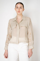 Lorena Antoniazzi Cropped Front Ramie Jacket with Floral Beaded Embroidered Sleeves in Clay Vancouver. Shop Online or in Store.