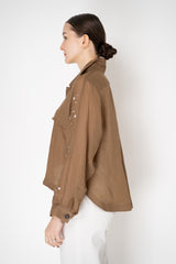 Lorena Antoniazzi Cropped Front Ramie Jacket with Floral Beaded Embroidered Sleeves in Terracotta Brown Vancouver. Shop Online or in Store.