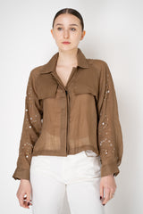 Lorena Antoniazzi Cropped Front Ramie Jacket with Floral Beaded Embroidered Sleeves in Terracotta Brown Vancouver. Shop Online or in Store.